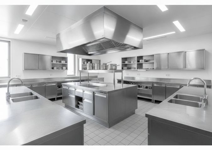 Cozinha industrial equipada com bancadas, pias e armários de aço inox para adequação sanitária