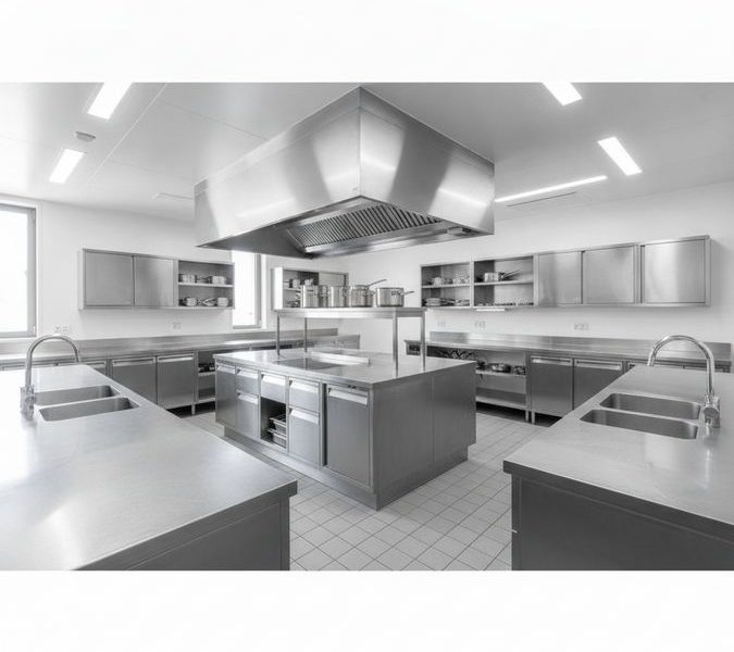Cozinha industrial equipada com bancadas, pias e armários de aço inox para adequação sanitária