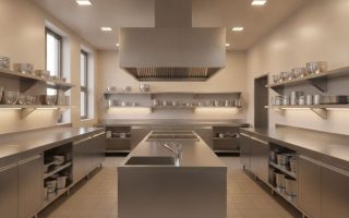 Balcão inox industrial com pia integrada e prateleiras em aço inox em cozinha profissional organizada