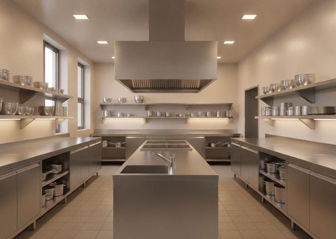 Balcão inox industrial com pia integrada e prateleiras em aço inox em cozinha profissional organizada