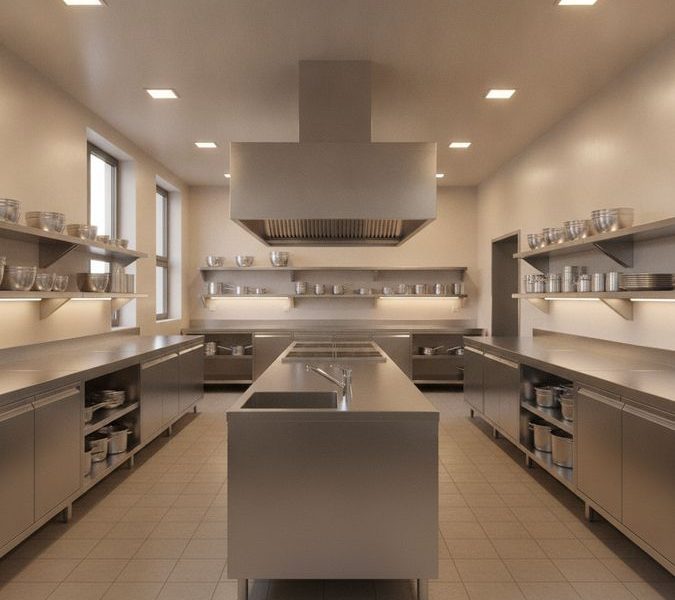 Balcão inox industrial com pia integrada e prateleiras em aço inox em cozinha profissional organizada