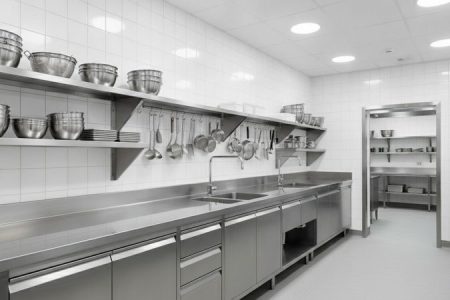 Cozinha hospitalar equipada com bancadas, pias e armários de aço inox organizados em ambiente limpo e iluminado