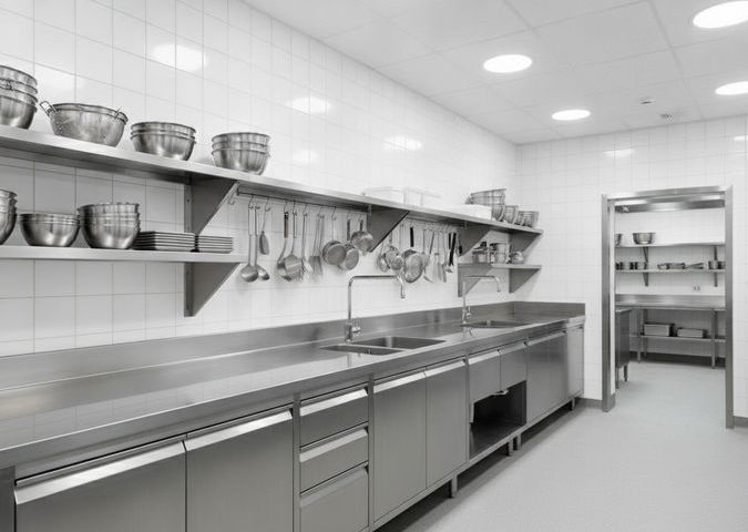 Cozinha hospitalar equipada com bancadas, pias e armários de aço inox organizados em ambiente limpo e iluminado