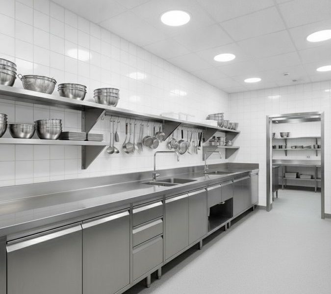 Cozinha hospitalar equipada com bancadas, pias e armários de aço inox organizados em ambiente limpo e iluminado