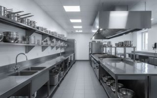 Cozinha industrial para hotel com bancadas, pias e coifas em aço inox organizadas por setor