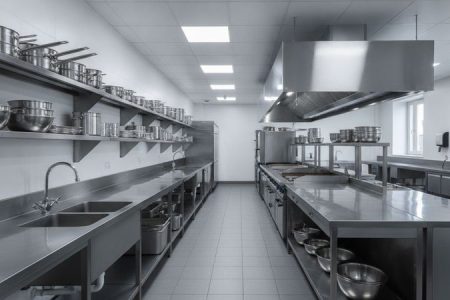 Cozinha industrial para hotel com bancadas, pias e coifas em aço inox organizadas por setor
