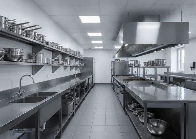 Cozinha industrial para hotel com bancadas, pias e coifas em aço inox organizadas por setor
