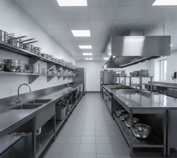 Cozinha industrial para hotel com bancadas, pias e coifas em aço inox organizadas por setor