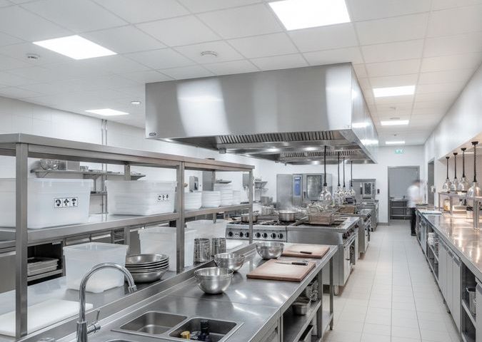 Layout de cozinha profissional com bancadas, pias, estantes e coifa industrial em aço inox