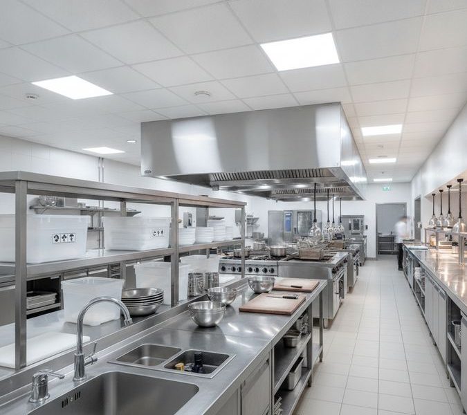 Layout de cozinha profissional com bancadas, pias, estantes e coifa industrial em aço inox