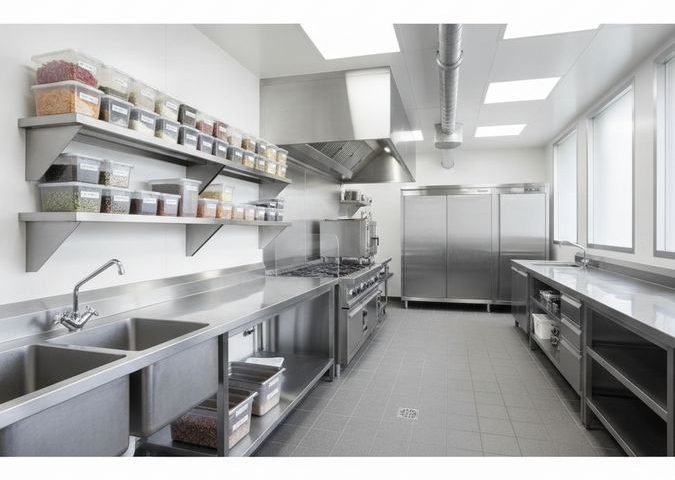 Cozinha profissional organizada com bancadas, prateleiras, pia industrial e armários de aço inox