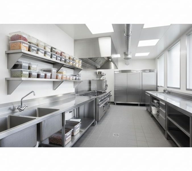 Cozinha profissional organizada com bancadas, prateleiras, pia industrial e armários de aço inox