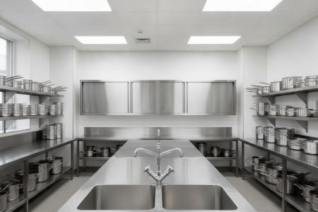 Pia inox sob medida com duas cubas em cozinha industrial equipada com bancadas e armários de aço inox