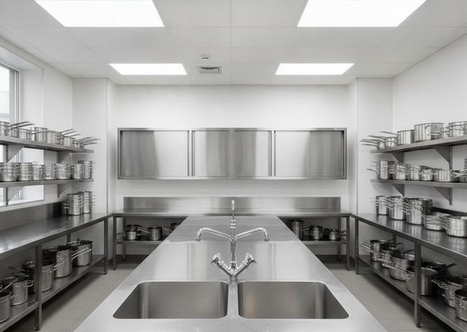 Pia inox sob medida com duas cubas em cozinha industrial equipada com bancadas e armários de aço inox