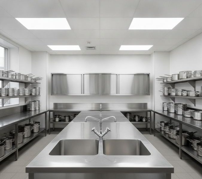 Pia inox sob medida com duas cubas em cozinha industrial equipada com bancadas e armários de aço inox
