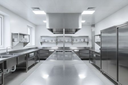 Cozinha industrial reformada com bancadas, pias, prateleiras e coifas em aço inox organizadas por zonas de trabalho
