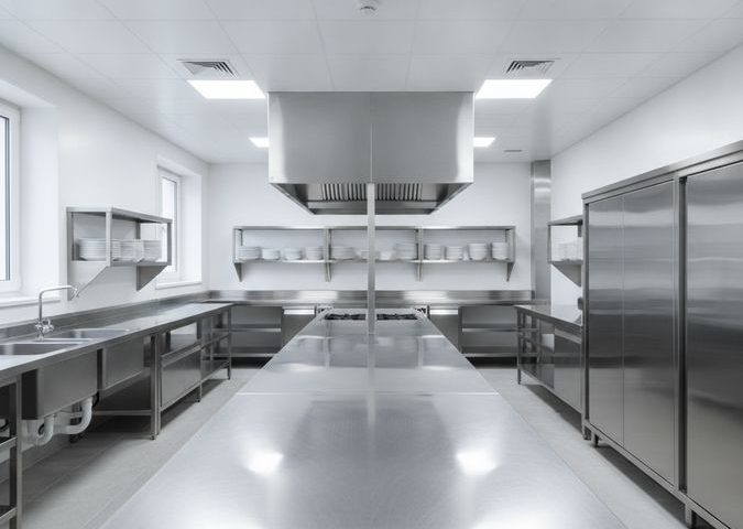 Cozinha industrial reformada com bancadas, pias, prateleiras e coifas em aço inox organizadas por zonas de trabalho