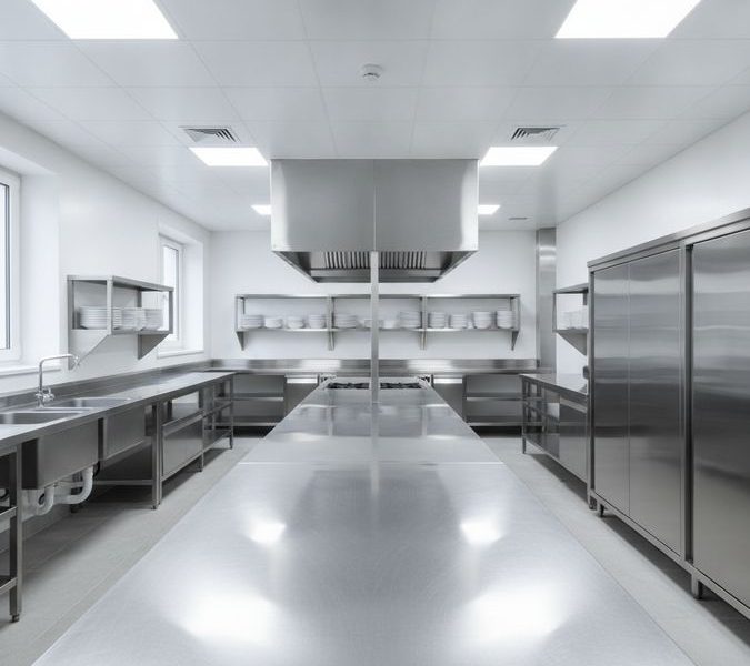 Cozinha industrial reformada com bancadas, pias, prateleiras e coifas em aço inox organizadas por zonas de trabalho