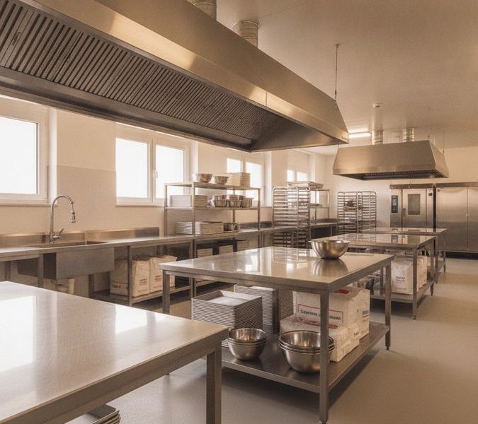 Cozinha para padaria industrial equipada com bancadas, prateleiras e coifa em aço inox