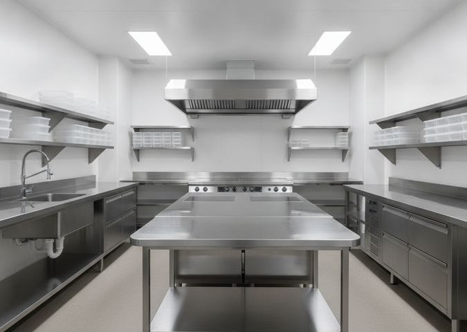 Cozinha industrial em aço inox equipada como dark kitchen com bancadas, coifa, prateleiras e pia industrial