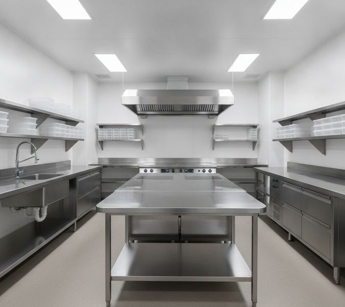 Cozinha industrial em aço inox equipada como dark kitchen com bancadas, coifa, prateleiras e pia industrial