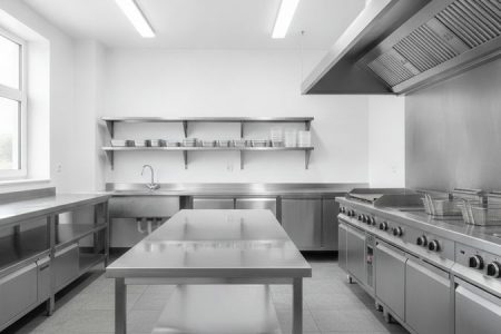 Cozinha industrial equipada com bancada, pia, prateleiras e coifa em aço inox para manipulação de alimentos