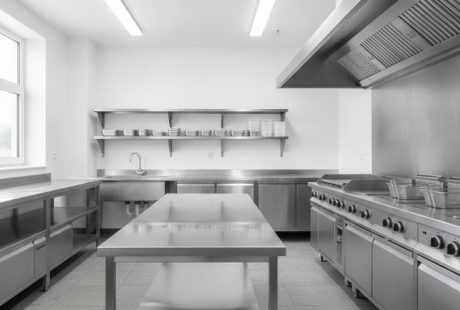Cozinha industrial equipada com bancada, pia, prateleiras e coifa em aço inox para manipulação de alimentos