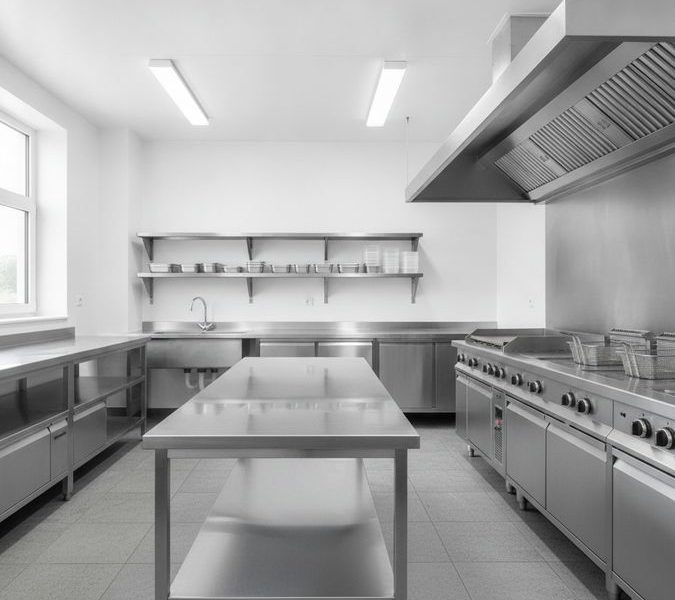 Cozinha industrial equipada com bancada, pia, prateleiras e coifa em aço inox para manipulação de alimentos