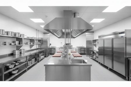 Cozinha industrial equipada com bancadas, coifa, prateleiras e balcão refrigerado em aço inox
