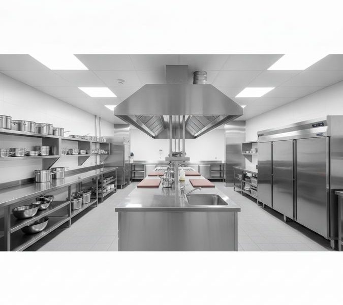 Cozinha industrial equipada com bancadas, coifa, prateleiras e balcão refrigerado em aço inox