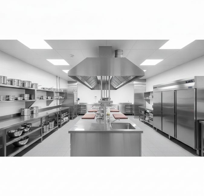 Cozinha industrial equipada com bancadas, coifa, prateleiras e balcão refrigerado em aço inox